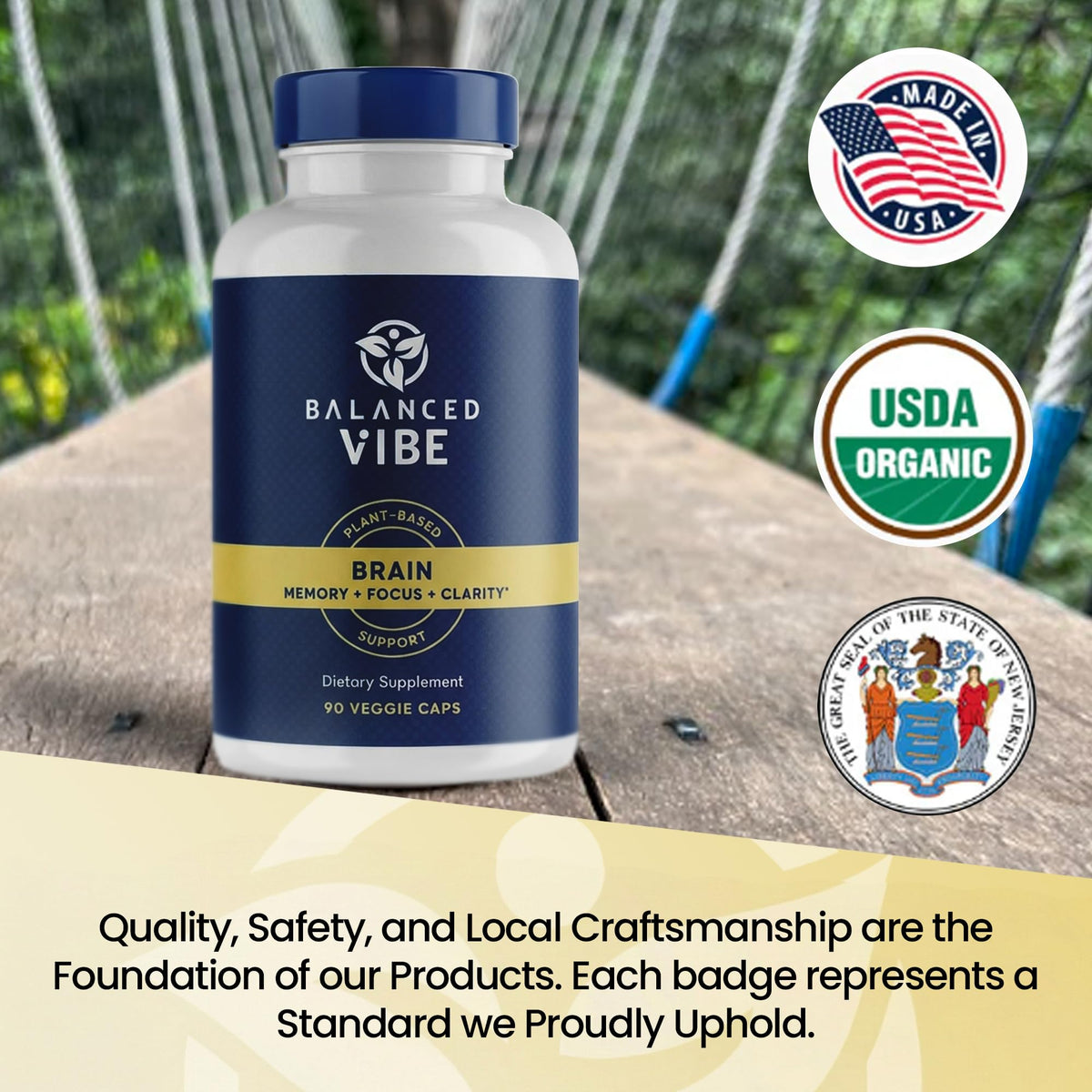 Balanced Vibe Brain Supplement 8 in 1 with Lion's Mane, Bacopa, Rhodiola, Ginkgo Brain Supplements for Memory, Focus & Mental Clarity, Non-Stimulant, Organic, Vegan, GMP Certified, 90 Capsules