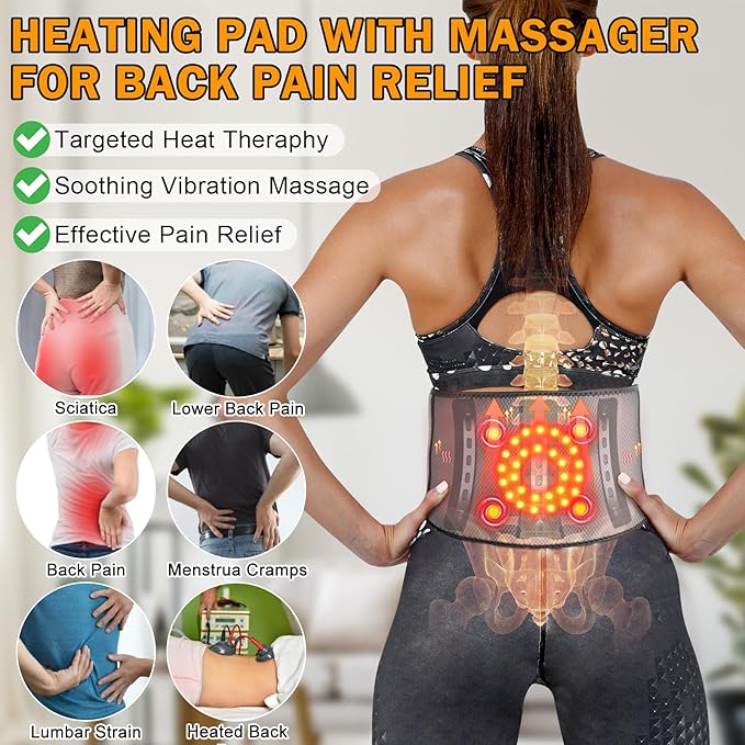 Cordless Heating Pad for Back Pain Relief, Lumbar Massaager with Heat, Heated Back Belt Abdomen Warmer Lumbar Support, Rechargeable Heating Massage