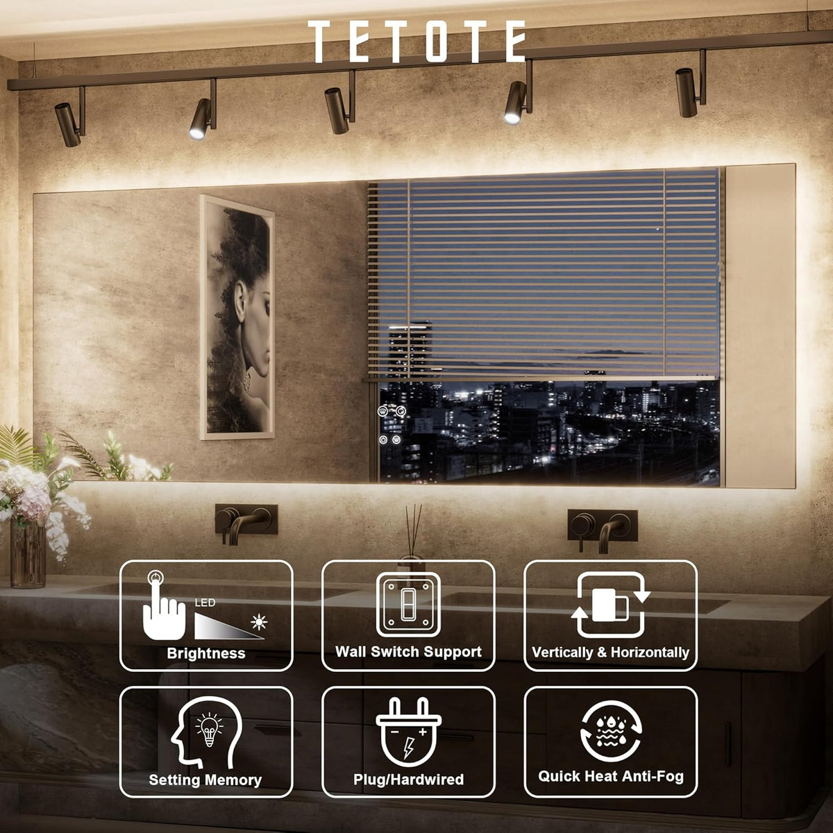 TETOTE 60 x 36 Inch LED Backlit Bathroom Mirror with Lights, 3Color White/Warm/Natural, Anti-Fog Lighted Mirror,Dimmable,Vanity Mirror,Wall Mounted