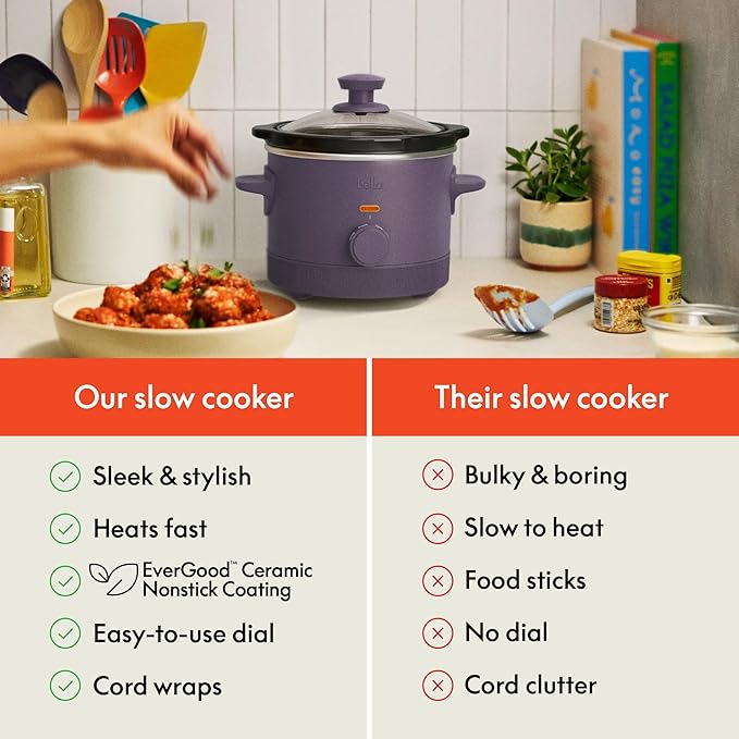bella 1.5 Qt Slow Cooker with 3 Heat Manual Control, EverGood™ Ceramic Nonstick Coating, Dishwasher Safe Stoneware Pot and Tempered Glass Lid, Tangle Free Cord Wrap & Cool Touch Handles, Plum