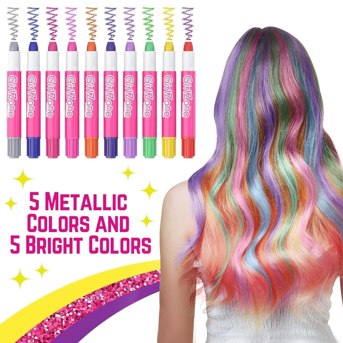GirlZone Hair Chalks Set, 10-Piece Temporary Hair Chalk For Kids, Easy to Apply and Remove Temporary Hair Color for Kids Dress Up Parties, Role Play, Gift-Ready Vibrant Girls Hair Chalk Set