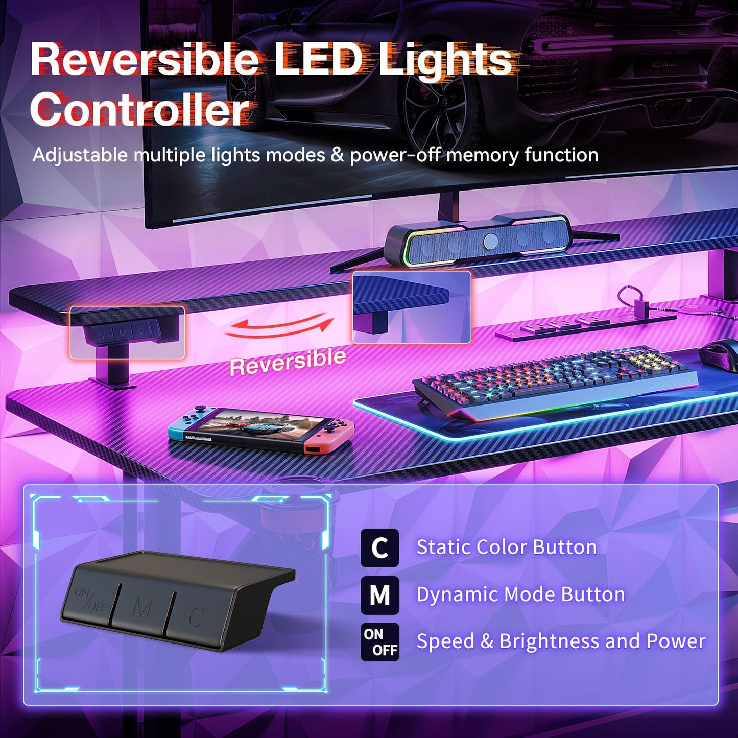 MOTPK 32 Inch Small Gaming Desk with LED Lights & Power Outlets, Computer Desk Gaming Table with Monitor Shelf, Gamer Desk with Carbon Fiber Texture, Kids Boys Desk Gift for Men