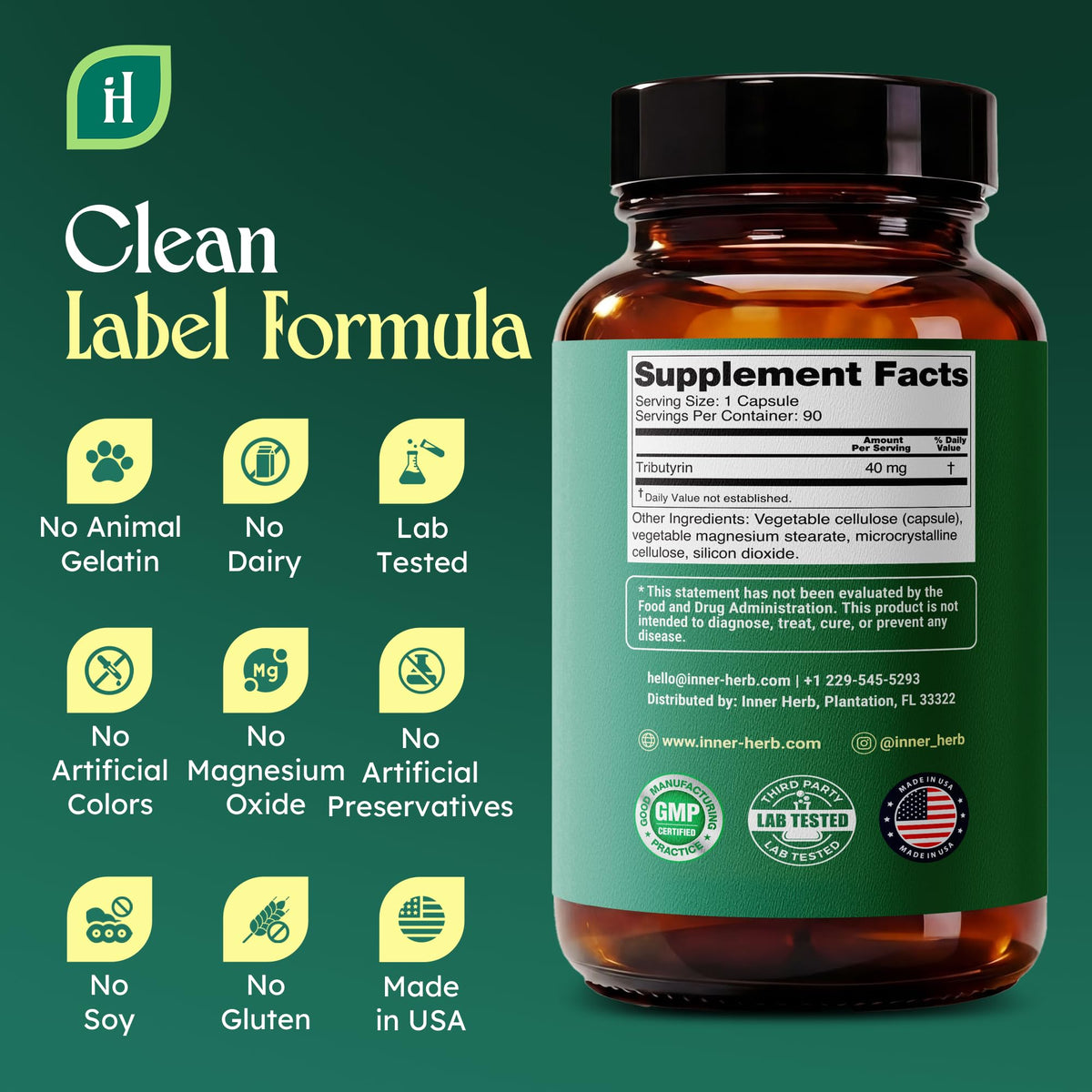 InnerHerb Tributyrin 250mg Supplement | Single Ingredient Tributyrin | 90 Vegan Capsules | Clean Label | Unflavored | 1 Capsule Daily | 90-Day Supply
