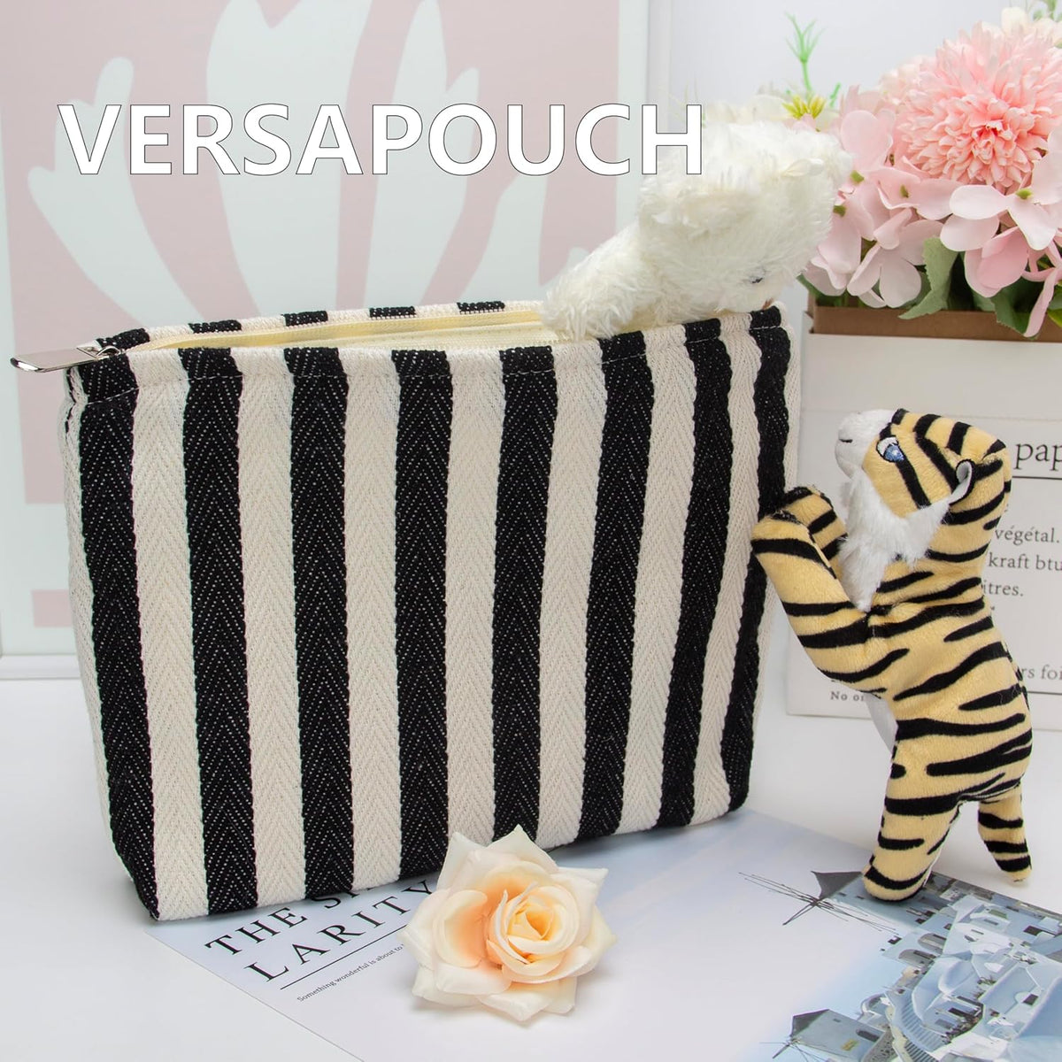 PAZIMIIK Makeup Bag Large Cotton Zipper Pouch for Purse Travel Canvas Make Up Organizer for Women Cosmetic,Stripe Black White