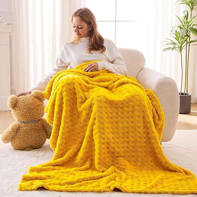 NEWCOSPLAY Super Soft Throw Blanket Yellow Premium Silky Flannel Fleece 3D Waffle Checkered Lightweight Bed Blanket All Season Use (Mustard Yellow, Throw(50"x70"))