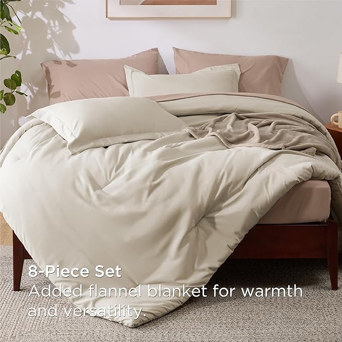 Bedsure Full Comforter Set Beige, 8 Pieces Prewashed Full Size Bed in a Bag with Soft Fleece Bed Blanket, Down Alternative Bedding Set for All Seasons, Sheets, Pillowcases & Shams