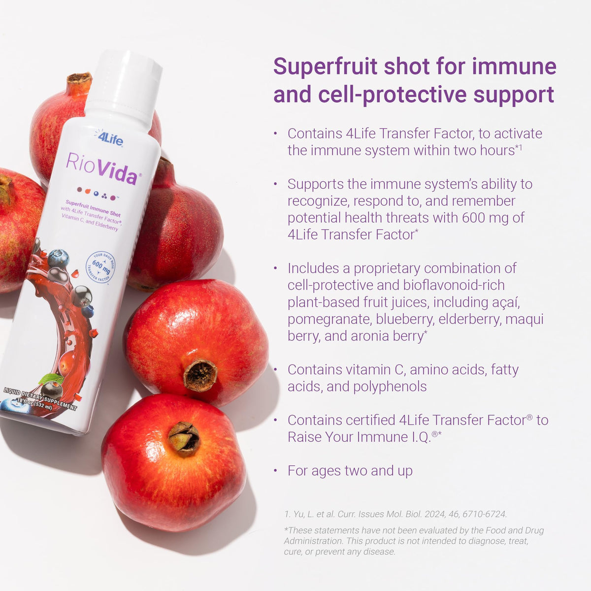 4Life Transfer Factor RioVida - Superfruit Immune Shot with Acai, Pomegranate, Blueberry, Elderberry, Aronia, Maqui, Vitamin C, Cellular Blend - 30 Servings