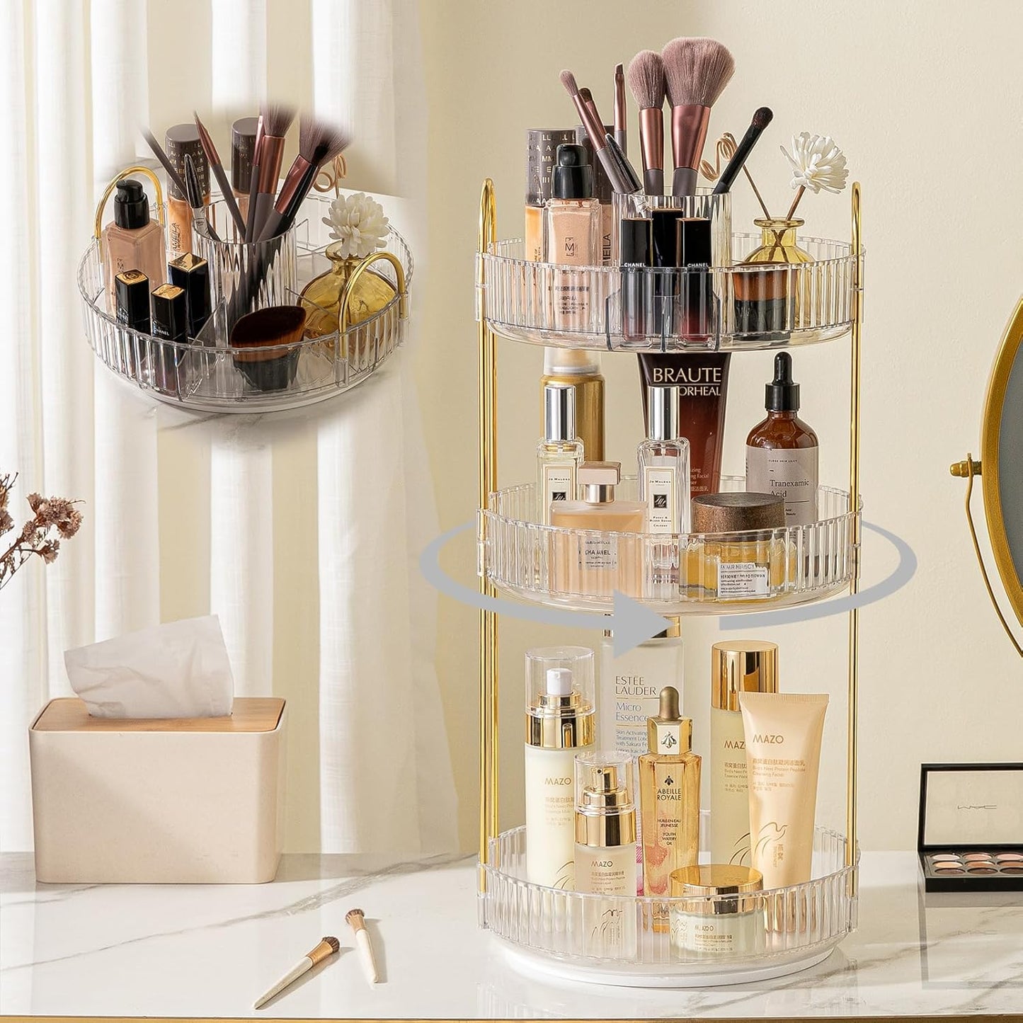 Rotating Makeup Organizer for Vanity, High-Capacity Skincare Clear Make Up Storage Perfume Organizers Cosmetic Dresser Organizer Countertop 360 Spinning (Clear, New-3 Tier)