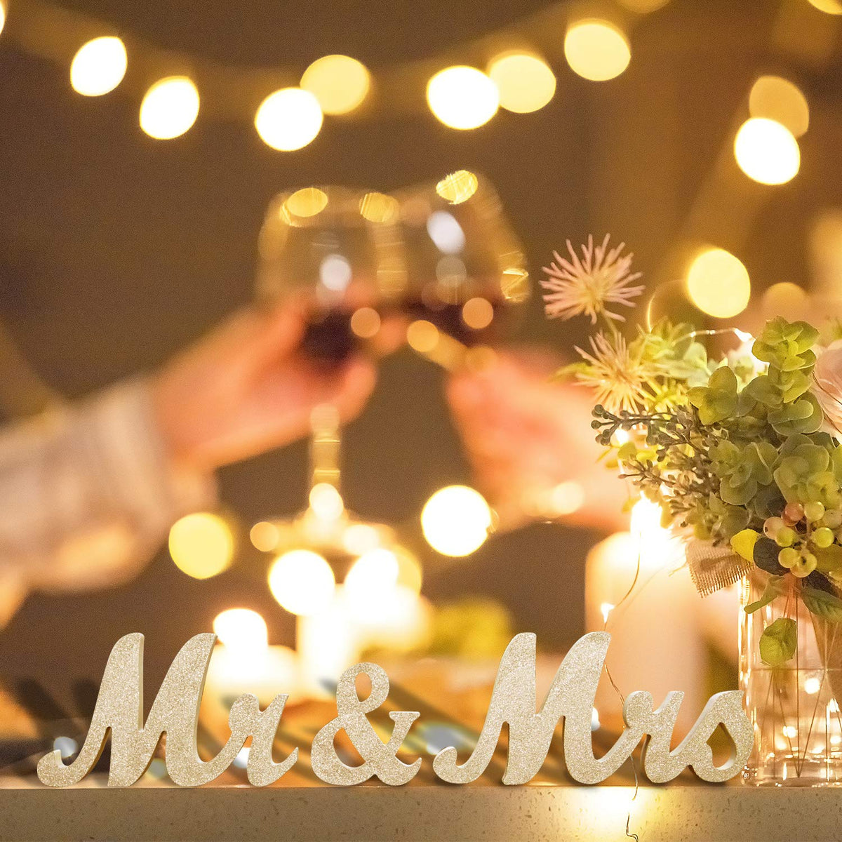 Wooden Mr and Mrs Sign, Rustic Mr. & Mrs. Letters Wedding Signs for Wedding Table, Miss Mr. Deroation for Photo Props/Party Table/Anniversary/Valentine's Day/Wedding & Engagement, Golden