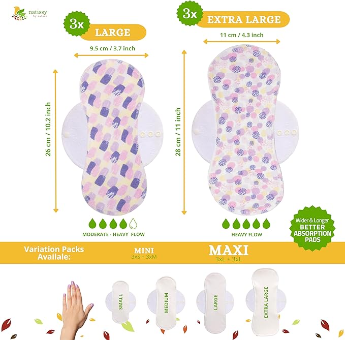 Non-Slip Organic Reusable Period Pads for Heavy Flow & Incontinence (L+XL, 6-Pack); High-Temp Viscose Washable Cloth Pads for Women; Non-Irritating, Soft Reusable Pad Menstrual for Comfortable Care