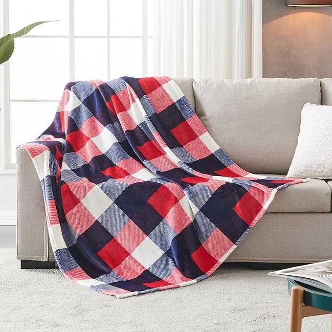 SOCHOW Buffalo Plaid Flannel Fleece Throw Blanket 60 x 80 Inches, Soft Lightweight Cozy All Season Red/Blue Checkered Blanket for Bed, Couch, Car