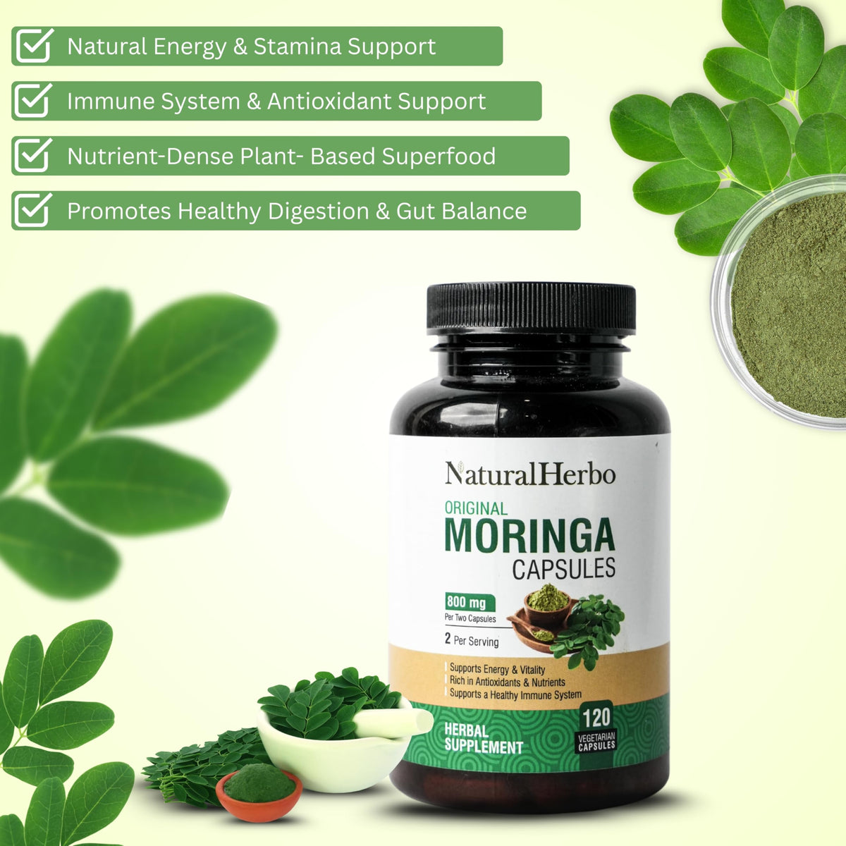 NaturalHerbo Pure Moringa Capsules - Pure Moringa Leaf Extract for Natural Energy, Digestion & Daily Wellness | Green Superfood Supplement | Vegan, Non-GMO, Gluten-Free | 120 Capsules (800mg)