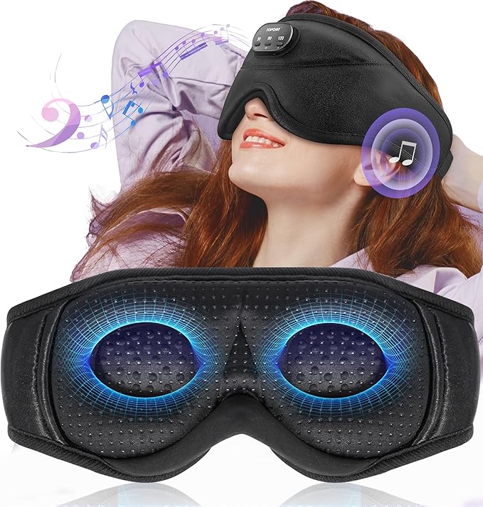 Sleep Mask with Bluetooth Headphones Wireless, TOPOINT 3D Eye Mask for Sleeping Headphones Women Men with Noise Canceling Earbuds, Thin Speaker, Blackout, 15 Hours for Travel, Meditation, CPAP Users