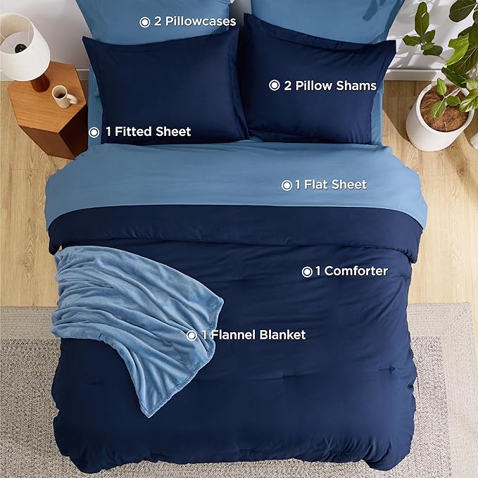 Bedsure Queen Comforter Set Navy Blue, 8 Pieces Prewashed Queen Size Bed in a Bag with Soft Fleece Bed Blanket, Down Alternative Bedding Set for All Seasons, Sheets, Pillowcases & Shams