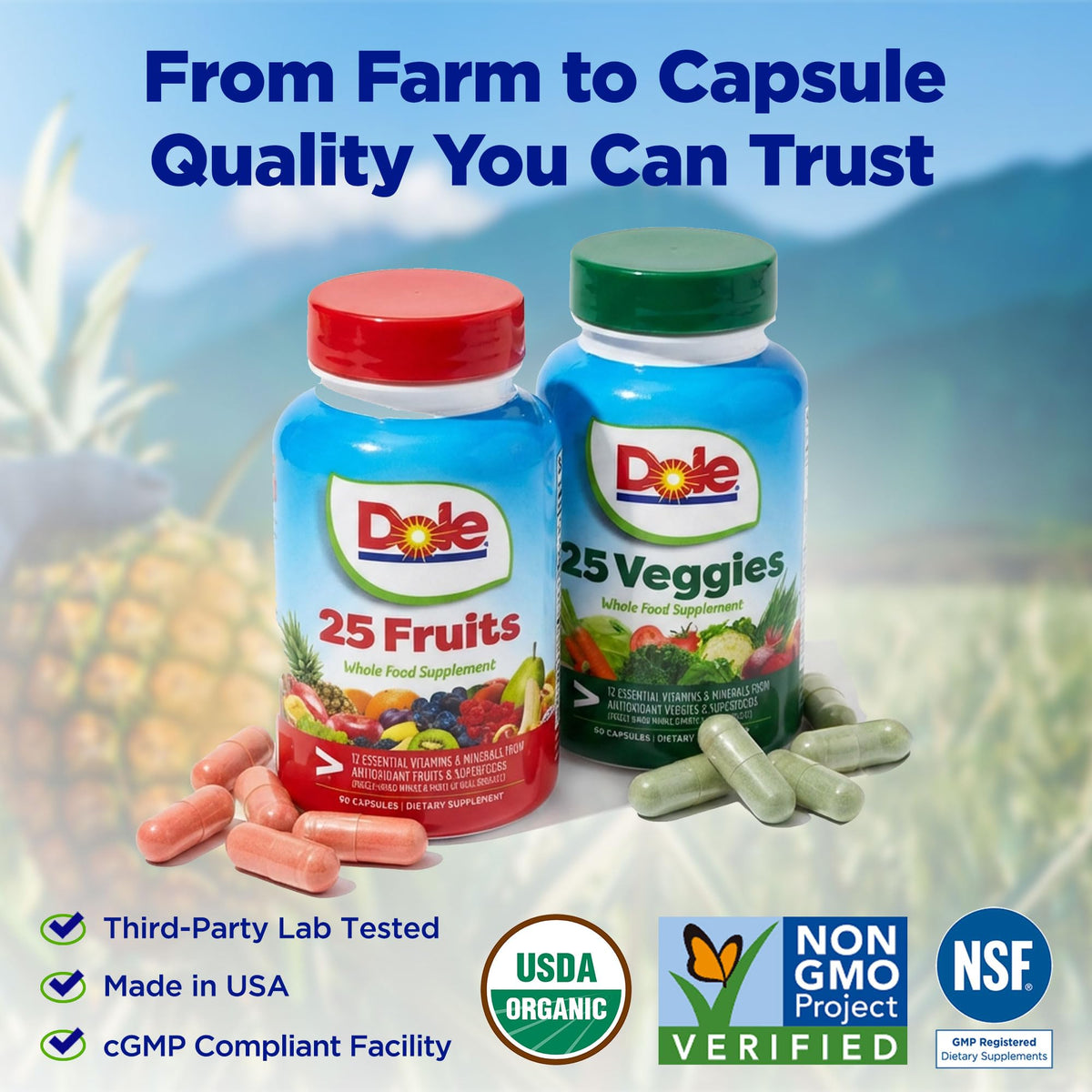 Dole Daily Fruits and Veggies Supplement - Whole Food Plant-Based Nutrition with 25 Fruits + 25 Vegetables, 12 Essential Vitamins & Minerals, Antioxidant Superfoods, 180 Capsules (2 Pack)