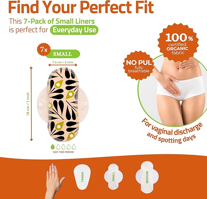 Natissy Cloth Panty Liners for Women; 7-Pack (Small) Mini Daily Organic Cotton Reusable Panty Liners Made in EU; Panty Liners Washable for Women & Teens; Thin Sanitary Reusable Liners, NOT for Period