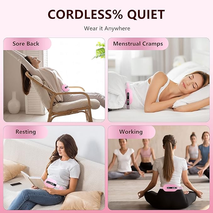 Portable Cordless Heating Pad, Heating Pad for Back Pain with 3 Heat Levels & 3 Vibration Massage Modes, Portable Electric Fast Heating Belly Wrap Belt for Women and Girl(Pink)