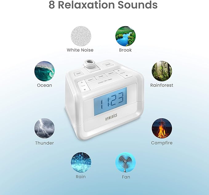 Homedics Dual Alarm Digital FM Clock Radio Time Projection, 8 Relaxing Nature Sounds, LED Display, Multi-Alarm Snooze, Sleep Timer, Nightlight, Ceiling Clock SoundSpa, White