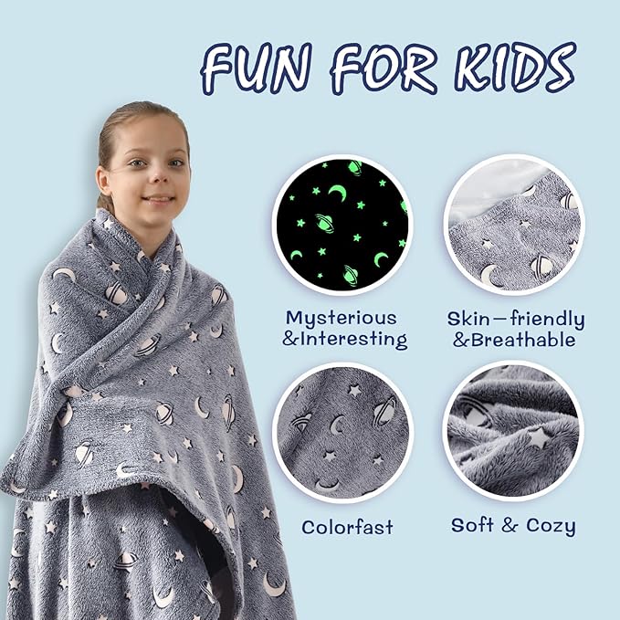 SOCHOW Glow in The Dark Throw Blanket 60 x 80 Inches, Galaxy Stars Pattern Soft Cozy Flannel Fleece Blanket for Sons Daughters, All Seasons Grey Presents Blanket for Preteens Teens