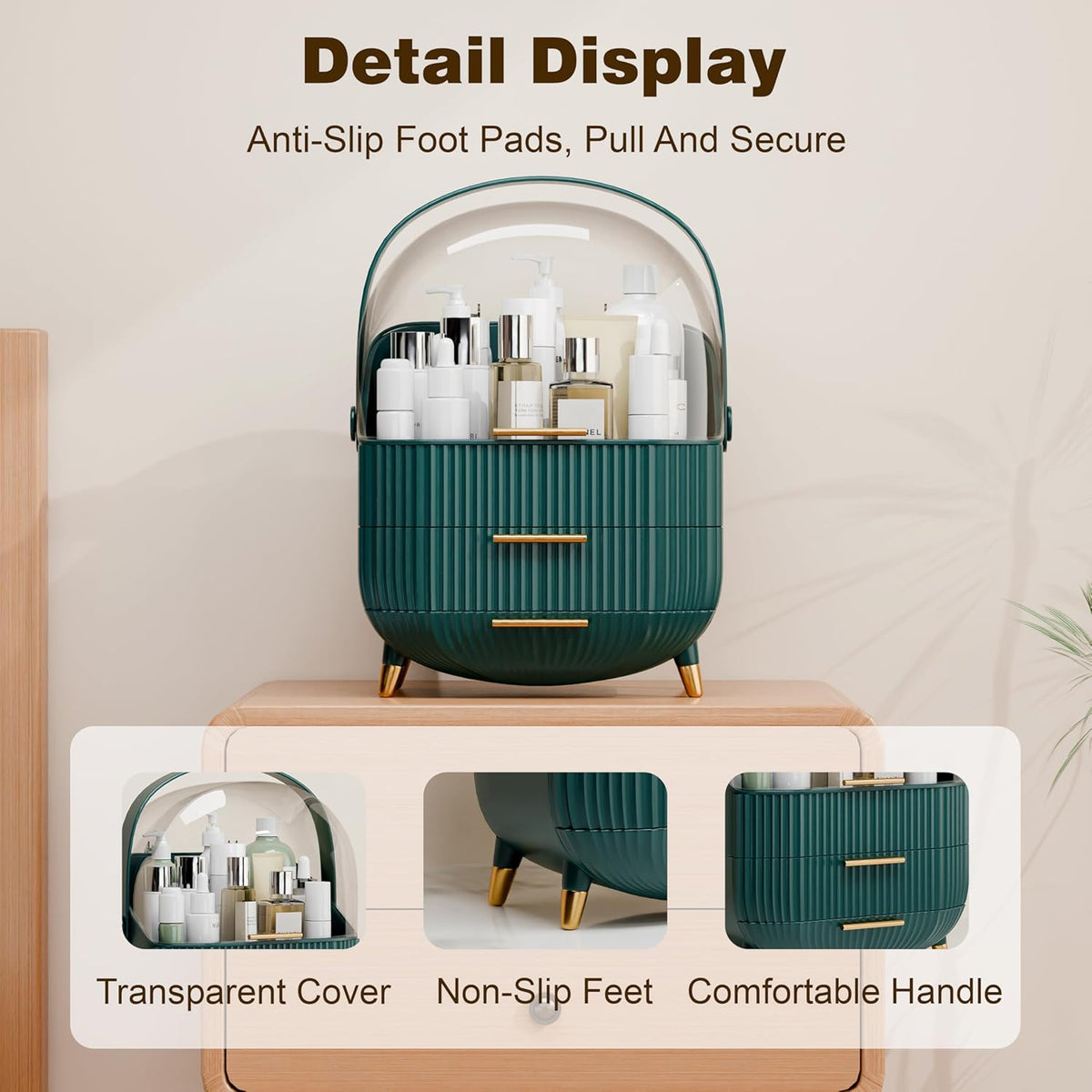 Makeup Organizers and Storage Make up Organizer for Vanity Cosmetics Skincare With Lid and Drawers Display Cases for Countertop Bathroom Women Teenager Girl Gifts(Dark Green)