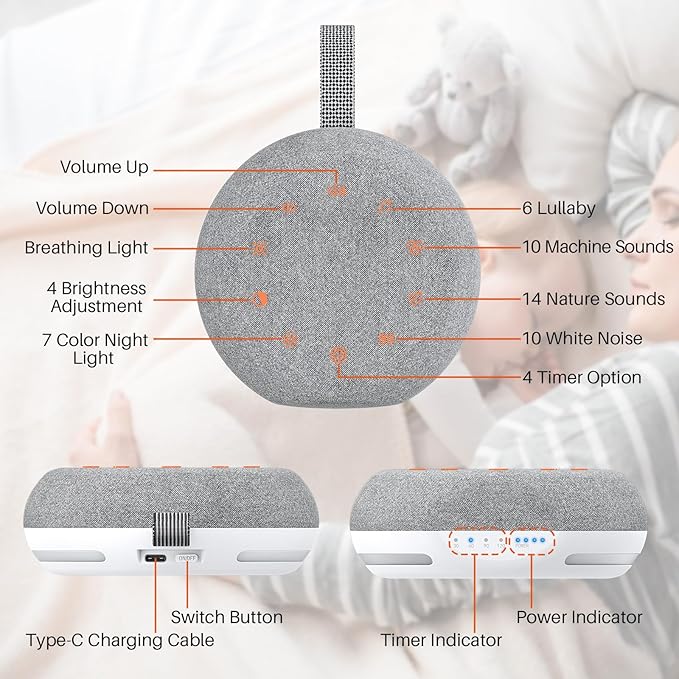FUNYKICH White Noise Sound Machine, Portable Sound Machine for Sleep with 40 Soothing Sounds, Battery Indicator, Timer & Night Light, Sound Therapy White Noise Machine for Adults Baby Kids
