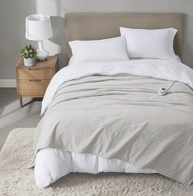 Serta Travis Fleece Ultra Soft Tri-Rib Textured Electric Blanket, Cozy and Snuggly Cover Fast Heating for Cold Weather, Auto Shut Off, Multi Heat Setting Controller, Full, Pumice Stone Grey