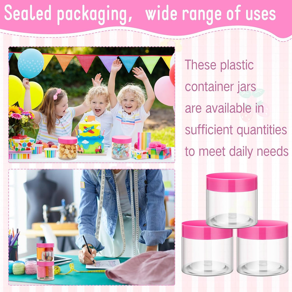 SATINIOR 100 Pcs Plastic Jars with Lids Small Containers Lids Wide Mouth Small Plastic Containers for Lotion Cream Rhinestones Body Butters Travel Storage(8 oz, Pink)