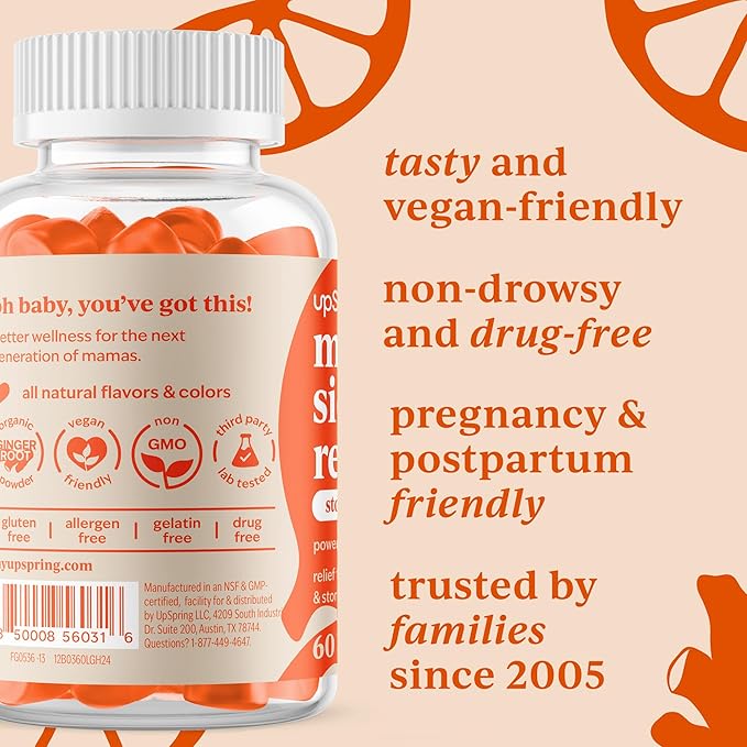 UpSpring Morning Sickness Relief Gummies – Natural Support for Pregnancy Nausea – Vegan, Ginger, Spearmint, Lemon & Vitamin B6 – 60 Gummies