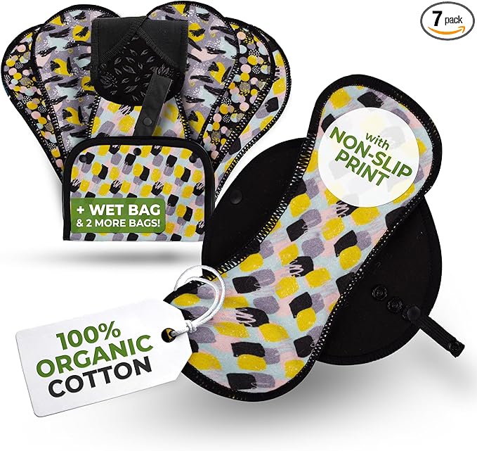 Non-Slip Organic Reusable Panty Liners for Women & Teens (Medium, 7-Pack); High-Temp Washable Cotton Cloth Liners; Stay Fresh & Dry, for Daily Vaginal Discharge Only; 100% Breathable (no PUL/TPU)