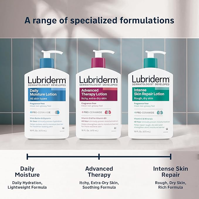 Lubriderm Advanced Therapy Moisturizing Lotion with Vitamins E and B5, Deep Hydration for Extra Dry Skin, Non-Greasy Formula, 24 fl. oz (Pack of 3)