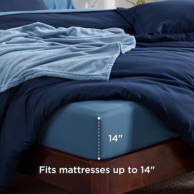 Bedsure Queen Comforter Set Navy Blue, 8 Pieces Prewashed Queen Size Bed in a Bag with Soft Fleece Bed Blanket, Down Alternative Bedding Set for All Seasons, Sheets, Pillowcases & Shams