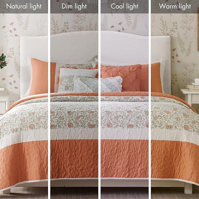 Madison Park 100% Cotton Quilt Set Floral Print, Double Sided Stitching, All Season, Lightweight Coverlet Shabby Chic Bedding Layer, Matching Shams, Full/Queen, Coral 6 Piece