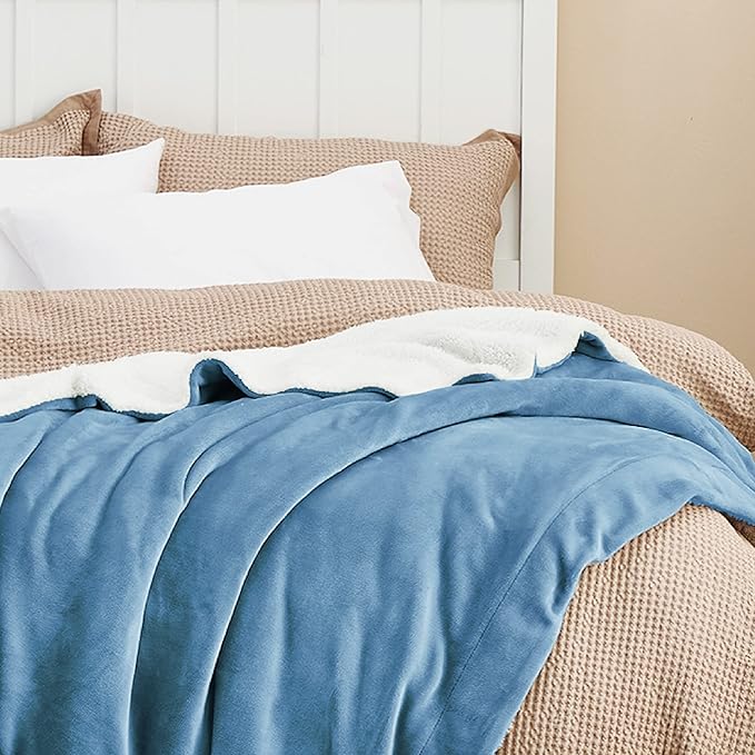 Bedsure Sherpa Fleece Blankets King Size for Bed - Thick and Warm, Soft Fuzzy Plush King Blanket for Winter, Washed Blue, 108x90 Inches