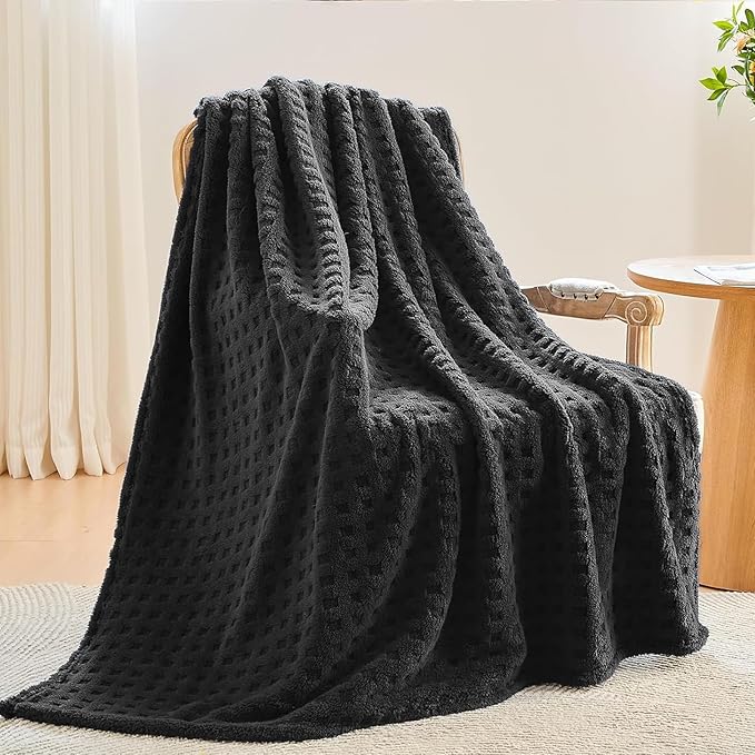 NEWCOSPLAY Super Soft Throw Blanket Black Premium Silky Flannel Fleece 3D Waffle Checkered Lightweight Bed Blanket All Season Use (Black, Throw(50"x70"))