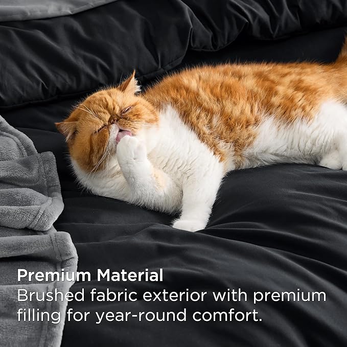 Bedsure Twin Comforter Set Black, 6 Pieces Prewashed Twin Size Bed in a Bag with Soft Fleece Bed Blanket, Down Alternative Bedding Set for All Seasons, Sheets, Pillowcase & Sham