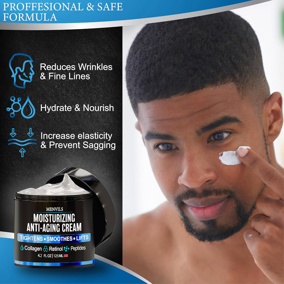 Mens Face Moisturizer Cream - Anti Aging & Wrinkle Cream - Face Moisturizer For Men with Collagen, Retinol, Peptides, Jojoba Oil - Facial Skin Care & Eye Lotion - Day & Night - 4.2 OZ