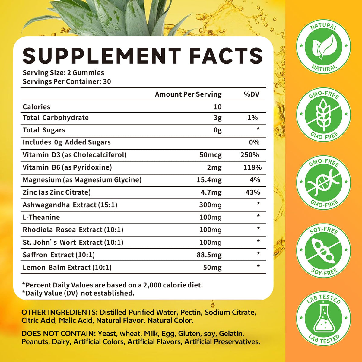 10-IN-1 Saffron Gummies, Sugar Free Saffron Supplements with Ashwagandha, L-Theanine, Rhodiola Rosea, Vitamin D3, B6, Magnesium & Zinc for Mood, Energy, Focus Support, Pineapple Flavor, 60 Count
