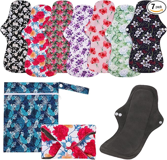 PHOGARY Reusable Menstrual Pads, Washable Overnight Cloth Panty Liners, 7pcs Bamboo Cloth Large Sanitary Pads for Heavy Flow with 1pc Wet Bag