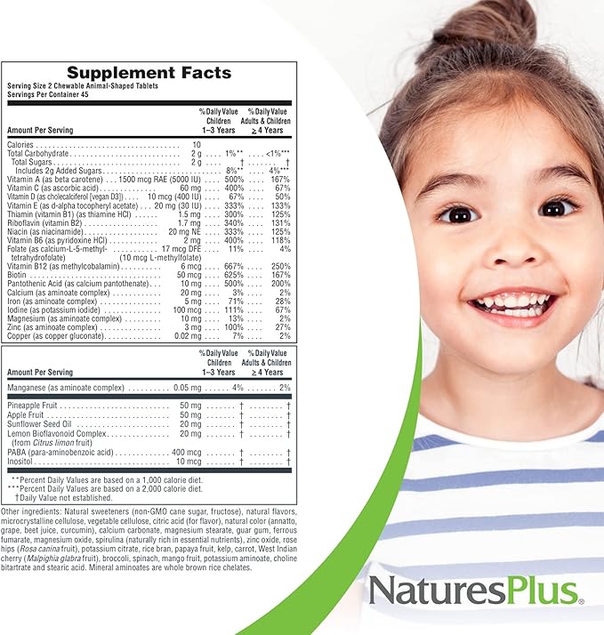 Natures Plus Animal Parade Children's Chewable Multivitamin - 90 Animal-Shaped Tablets, Pack of 2 - Natural Assorted Flavors - Vegan, Gluten Free - 90 Total Servings