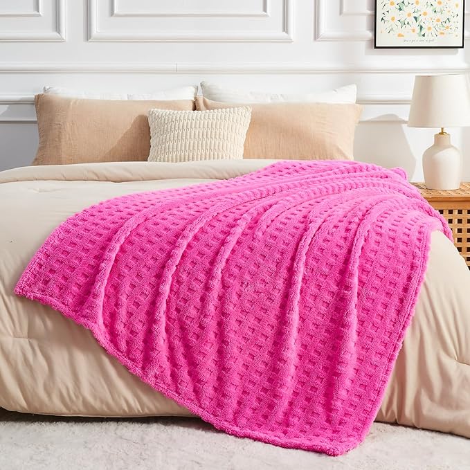 NEWCOSPLAY Super Soft Queen Blanket Pink Premium Silky Flannel Fleece 3D Waffle Checkered Lightweight Bed Blanket All Season Use (Hot Pink, Queen(90"x90"))