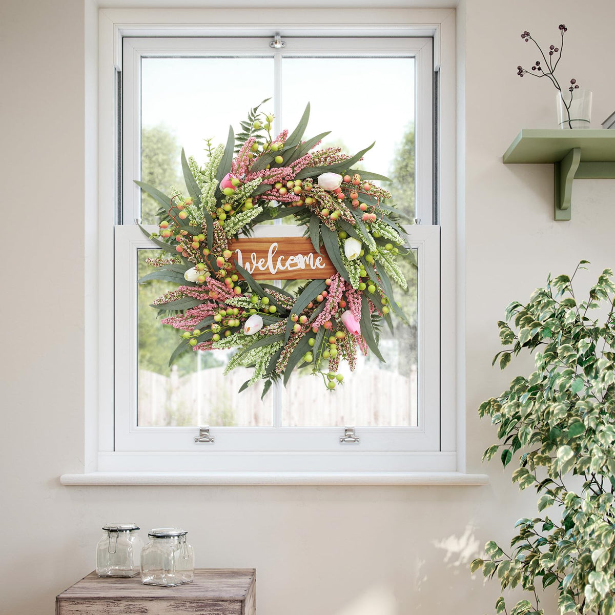 Wreaths for Front Door 24 Inch Spring Summer Tulip Wreath withTulip,Berries,Boxwood and Cattails Welcome Door Wreath, Porch, Window Green Decor for Home, Farmhouse - Spring, Summer, Fall, All Seasons