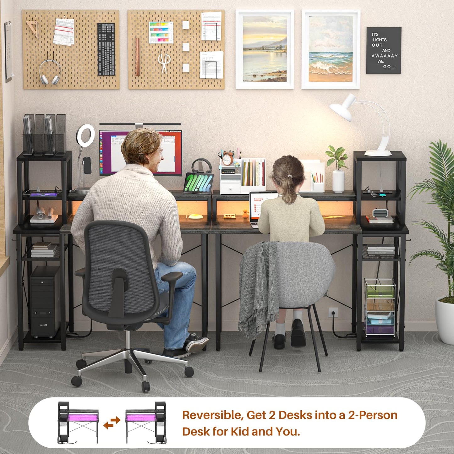 armocity 2024 Upgrade Gaming Desk with LED Lights, Computer Desk with Long Monitor Stand, 40'' Reversible Laptop Table with Storage Shelves, Small Desk for Small Spaces, Gaming Room, Grey