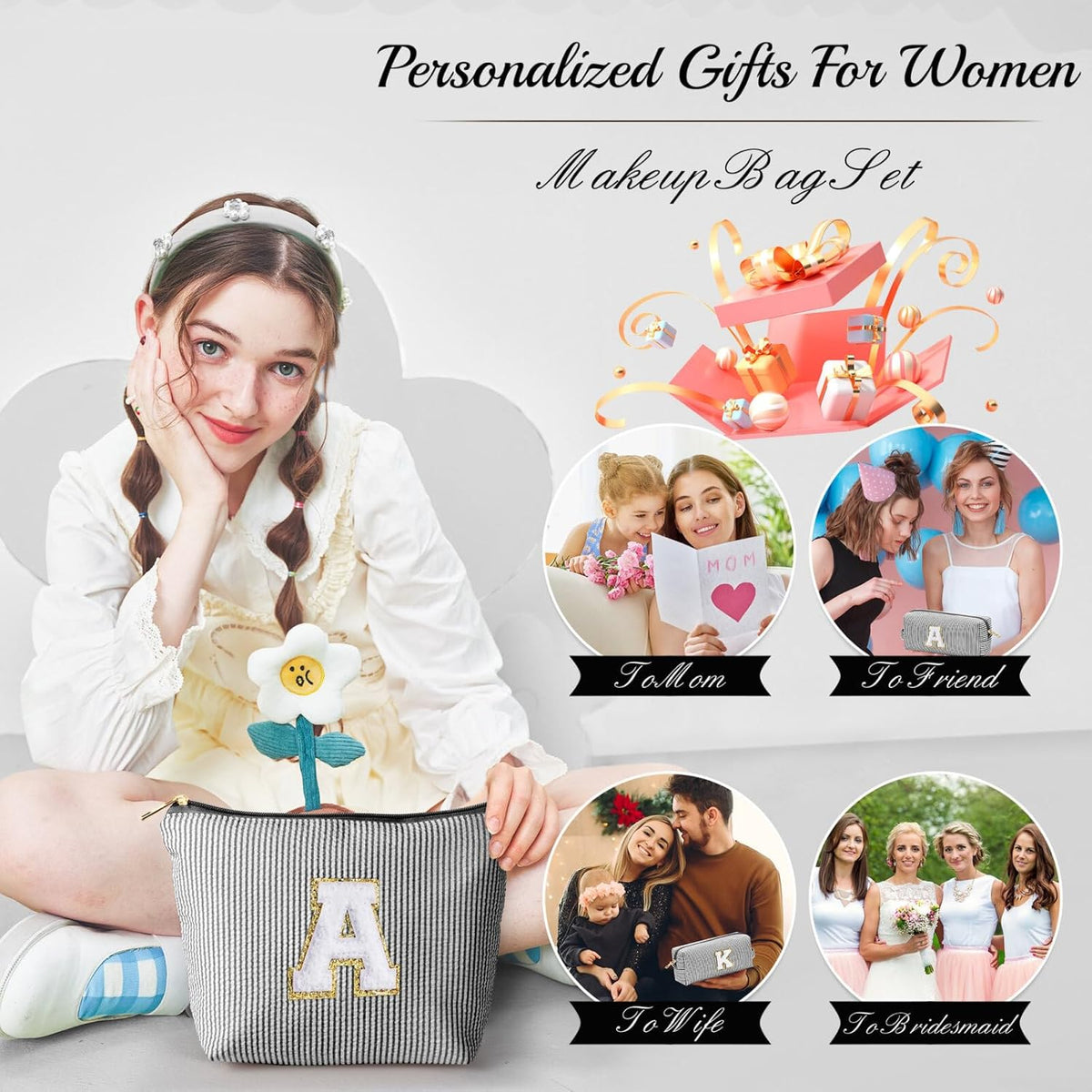 YOOLIFE Gifts for Girls, Women & Teenagers, Personalized Initial Makeup Bag, Unique Stitch Chenille Letter, Multicolor, Cosmetic Case, Makeup & Travel Use