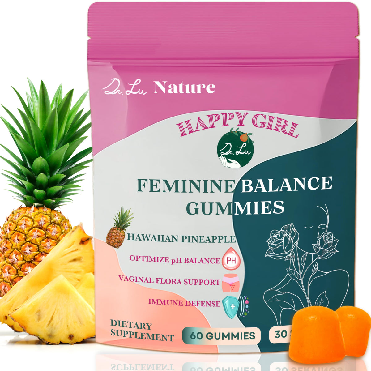 Dr. Lu Happy Girl Feminine Balance Gummies | Pineapple Gummies for Women pH Balance with Probiotics & Immune Support | Delicious & Naturally Flavored, Sugar-Free, Vegan - 60 Count