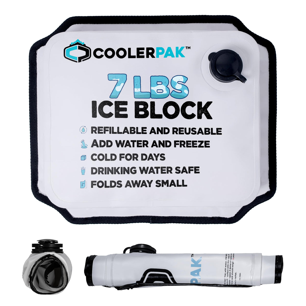 CoolerPak 7lb Refillable Reusable Ice Pack – Hook & Loop Fastener - Cold for Days – Non-Toxic, Leakproof, Suitable for Potable Drinking Water & Cold Plunge – Built Tough, Roll Up for Easy Storage