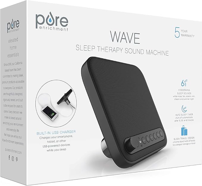 Pure Enrichment Wave Premium Sleep Sound Machine with USB Charger - Seamless Looping with 6 Soothing All-Natural Sounds, & Auto-Off Timer - Easily Portable for Travel (Black) Patented Design