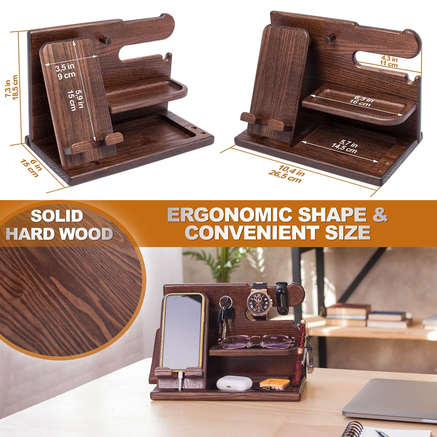 TESLYAR Wood Phone Docking Station for Men - Desk or Nightstand Organizer - Birthday Gifts for Husband, Dad - Anniversary Idea from Wife - Key Holder, Stand Wallet, Watch & Essentials (Bourbon Brown)