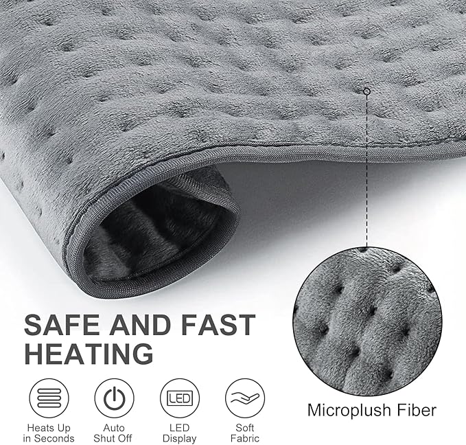Heat Pad for Back Pain Relief Electric Heating Pads with 6 Temperatures Soft Detachable Heat Pad for Man Women (Gray)