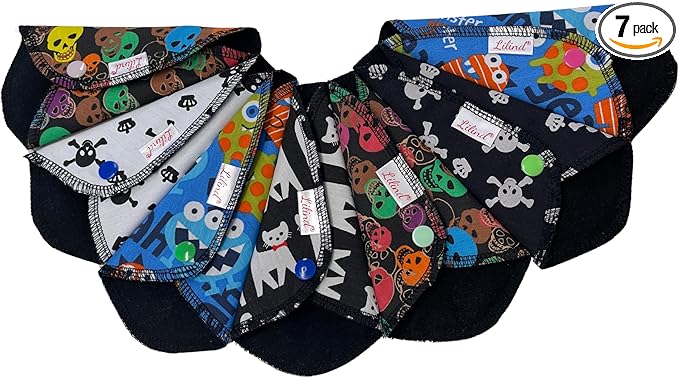 Lilind® 7 Pack Thong Pantyliners, Black Cloth Pads 100% Cotton Reusable Menstrual Sanitary Napkins, Free Wet Bag, Complete Set, Zero Waste