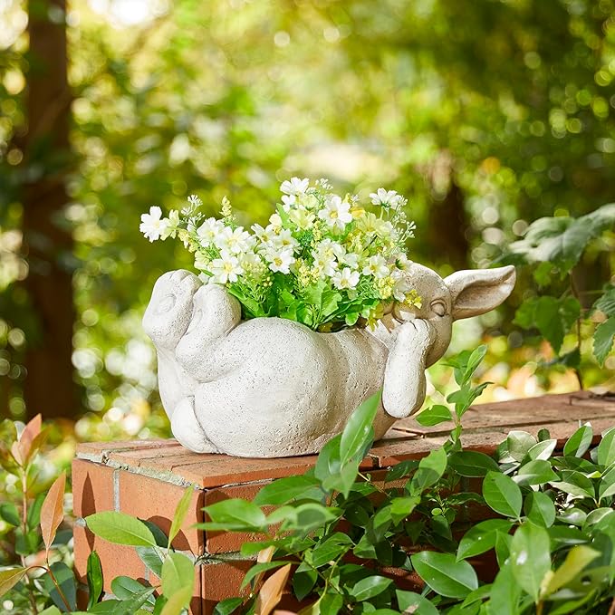 Glitzhome 14.25" L MGO Rabbit Statue Tall Planter, Bunny Shape Planter Cartoon Flower Pots with Drainage Hole, Rabbit Shaped Flower Container Succulent Planters for Spring Outdoor Garden Decor